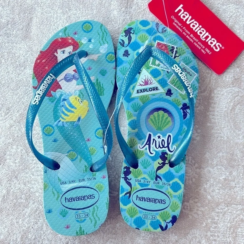 Brand New Havaianas x Disney Ariel Princess Flip Flops Thong Sandals Summer Blue